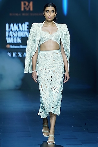 Ivory Net Floral Cutwork Skirt Set by Ritika Mirchandani