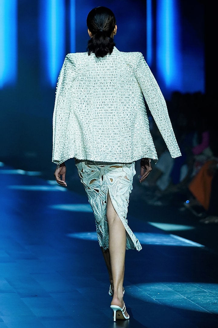 Ivory Net Floral Cutwork Skirt Set by Ritika Mirchandani at Pernia's Pop Up Shop