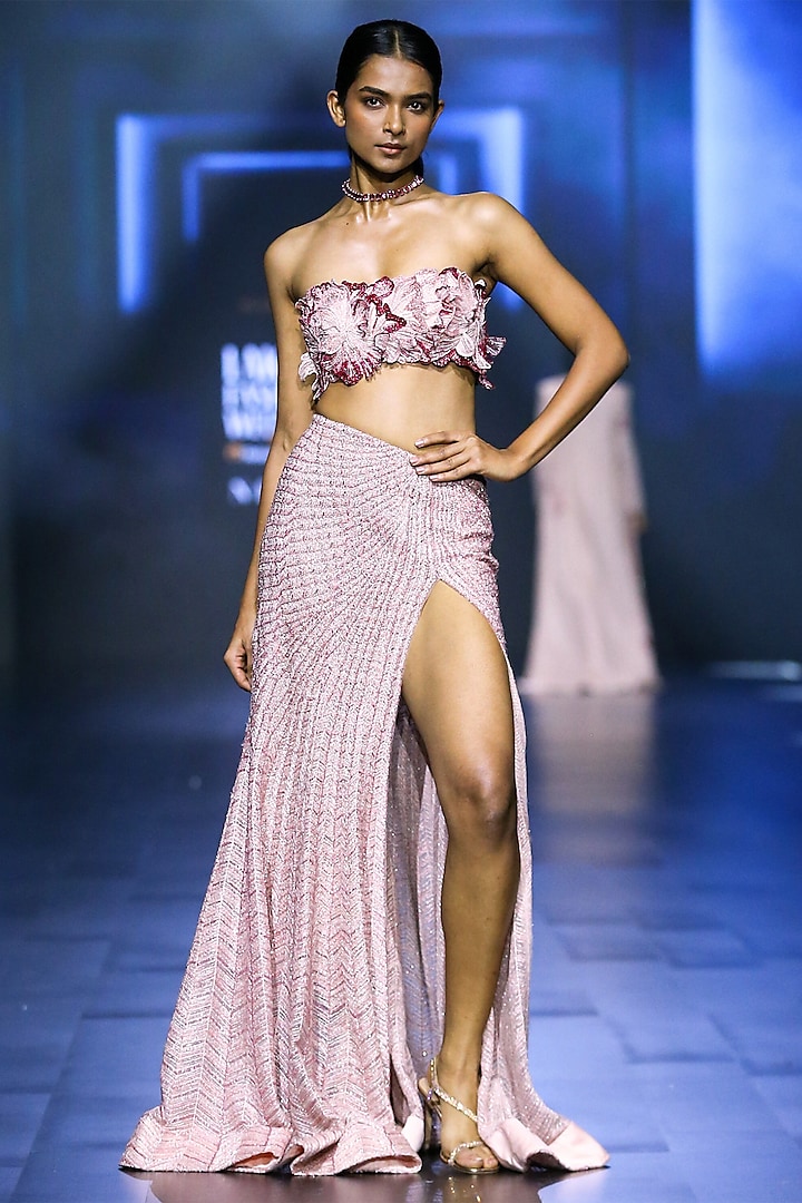 Blush Pink Net & Raw Silk Embroidered Textured Skirt Set by Ritika Mirchandani