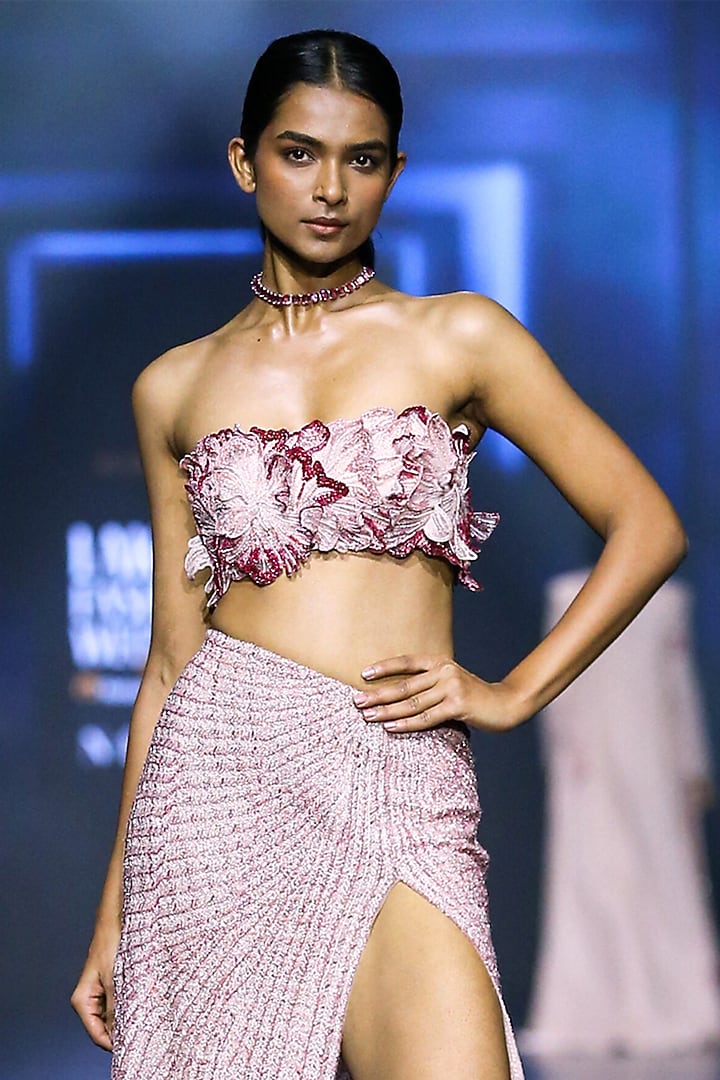 Blush Pink Net & Raw Silk Embroidered Textured Skirt Set by Ritika Mirchandani at Pernia's Pop Up Shop