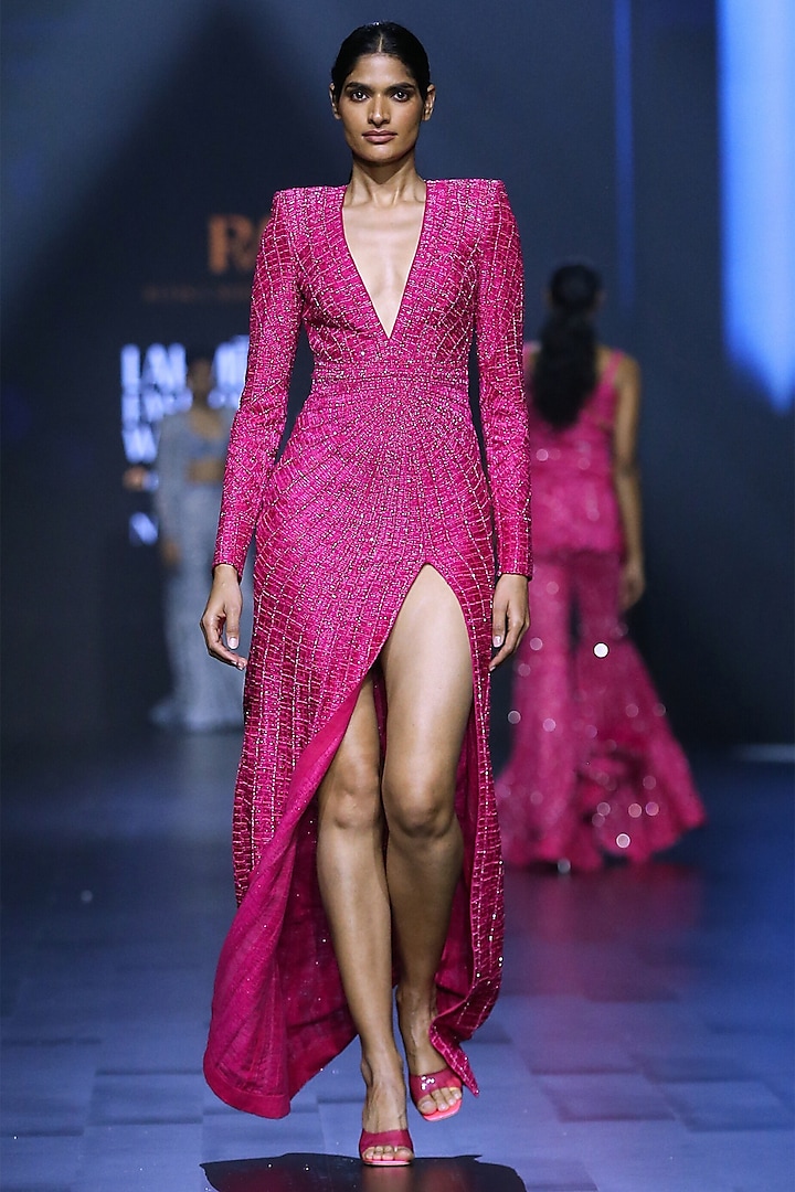 Fuchsia Pink Net Crystal Bugle Embroidered Textured Gown by Ritika Mirchandani