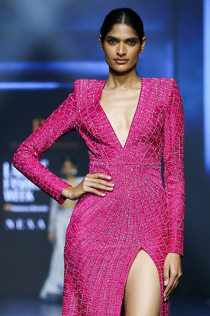 Fuchsia Pink Net Crystal Bugle Embroidered Textured Bridal Gown by Ritika Mirchandani at Pernia's Pop Up Shop