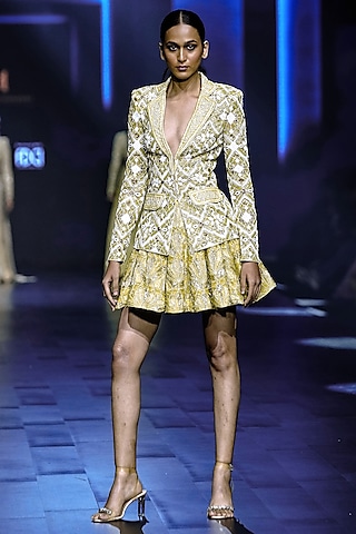 Arctic Lime Crepe & Net Crystal Bugle Embroidered Skirt Set by Ritika Mirchandani