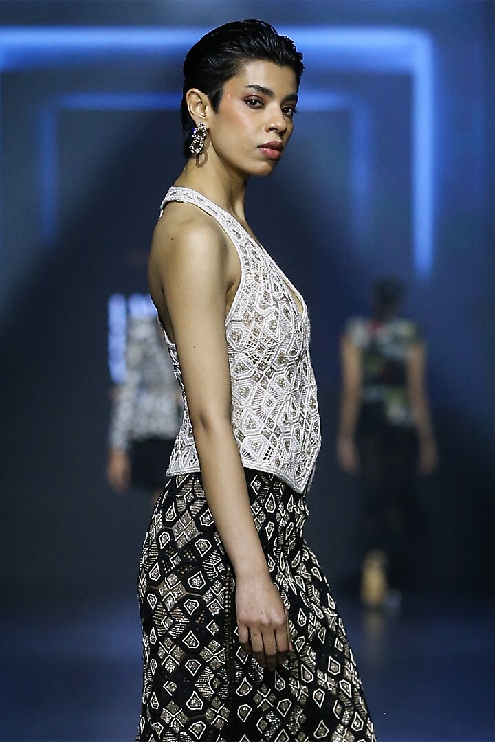 Black & Ivory Net Crystal Bugle Embroidered Skirt Set by Ritika Mirchandani at Pernia's Pop Up Shop