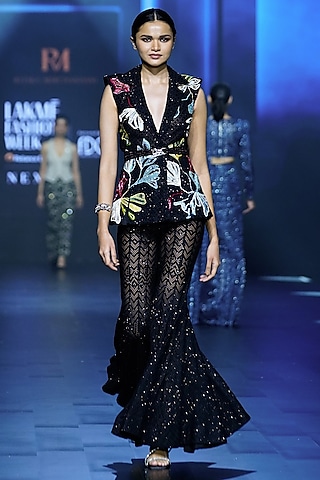 Black Net Crystal Bugle Embroidered Blazer Set by Ritika Mirchandani