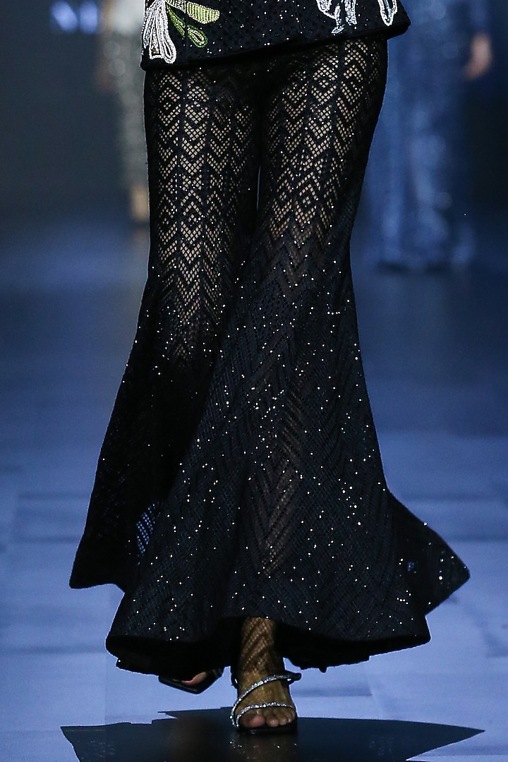 Black Net Crystal Bugle Embroidered Blazer Set by Ritika Mirchandani at Pernia's Pop Up Shop