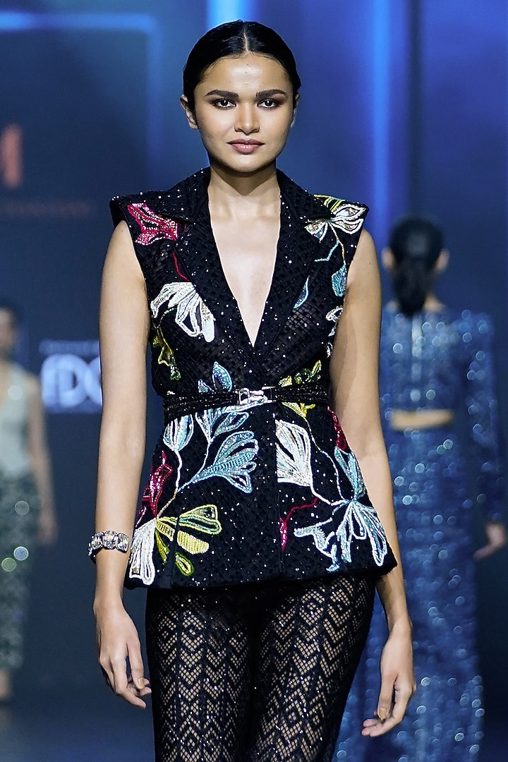 Black Net Crystal Bugle Embroidered Blazer Set by Ritika Mirchandani at Pernia's Pop Up Shop