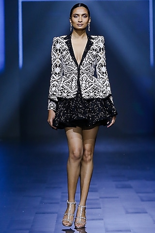 Black Net & Crepe Skirt Set by Ritika Mirchandani