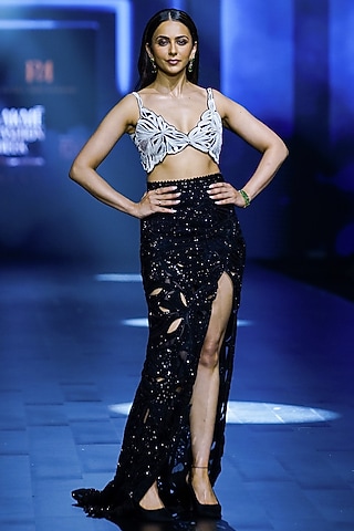 Black Net Floral Cutwork Slit Skirt Set by Ritika Mirchandani