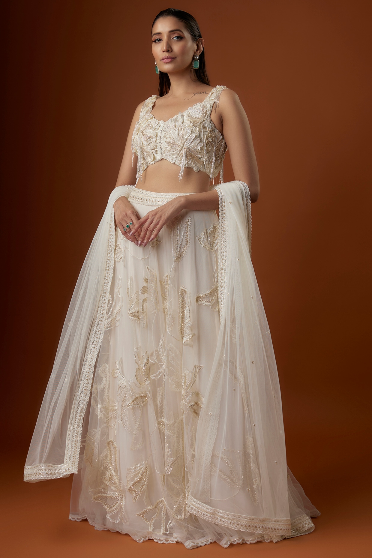 Off-Shoulder White Lehenga with Navy Blue Embroidery – Indira Bishen