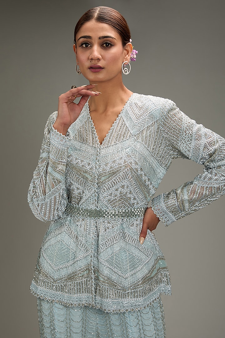 Ice Blue Double Georgette & Crepe Bridal Sharara Set by Ritika Mirchandani at Pernia's Pop Up Shop