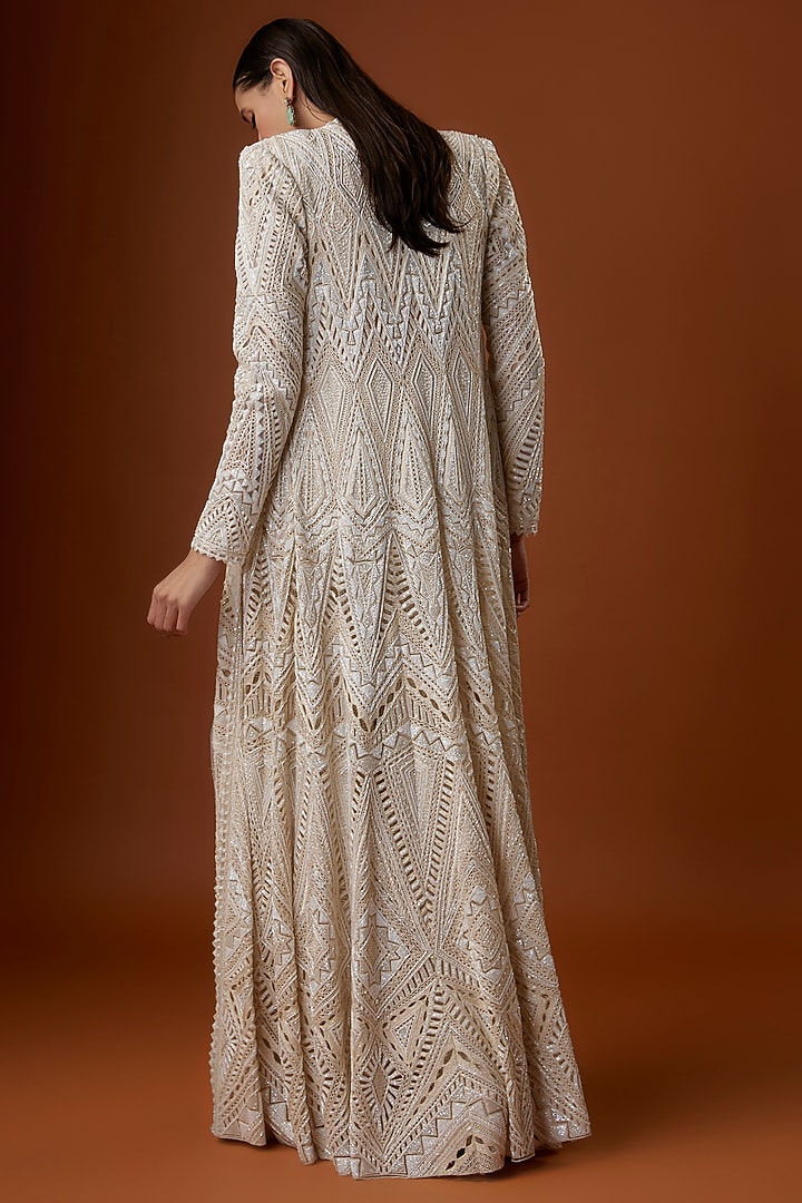 Ivory Crepe & Net Geometric Cutwork Jacket Set by Ritika Mirchandani at Pernia's Pop Up Shop