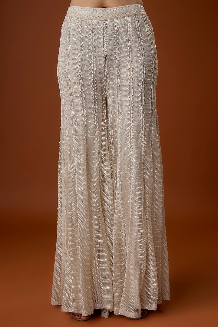 Ivory Crepe & Net Geometric Cutwork Jacket Set by Ritika Mirchandani at Pernia's Pop Up Shop