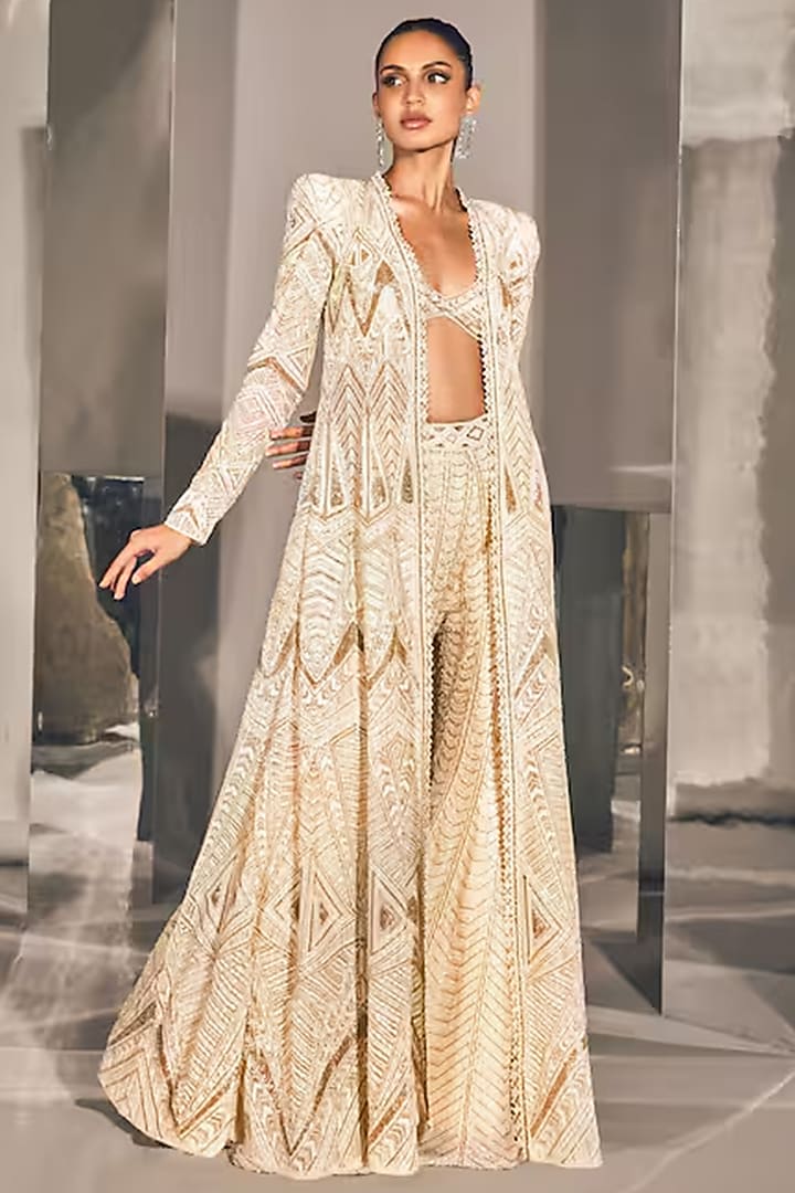 Ivory Crepe & Georgette Pearl Embellished Jacket Set by Ritika Mirchandani at Pernia's Pop Up Shop