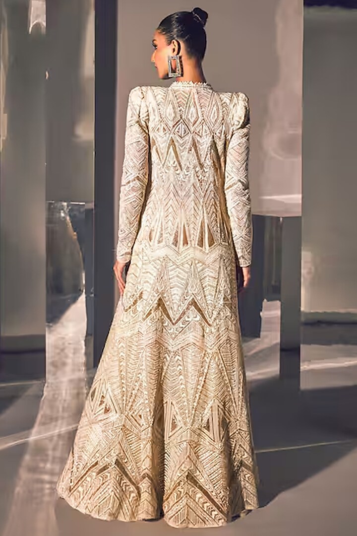 Ivory Crepe & Georgette Pearl Embellished Jacket Set by Ritika Mirchandani at Pernia's Pop Up Shop