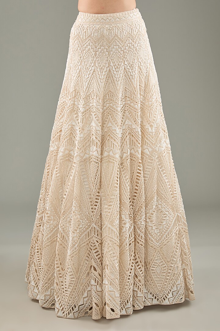 Ivory Crepe & Double Georgette Geometric Cutwork Bridal Lehenga Set by Ritika Mirchandani at Pernia's Pop Up Shop