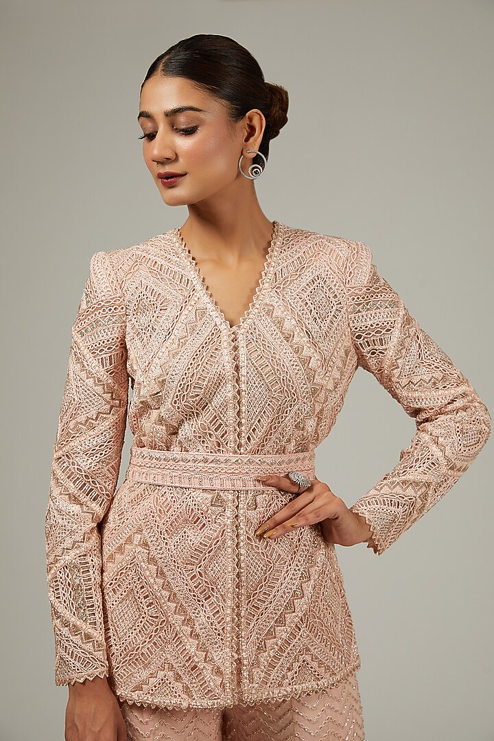 Rose Pink Crepe & Double Georgette Embroidered Bridal Sharara Set by Ritika Mirchandani at Pernia's Pop Up Shop