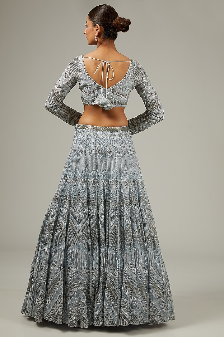 Ice Blue Crepe & Double Georgette Geometric Embroidered Bridal Lehenga Set by Ritika Mirchandani at Pernia's Pop Up Shop