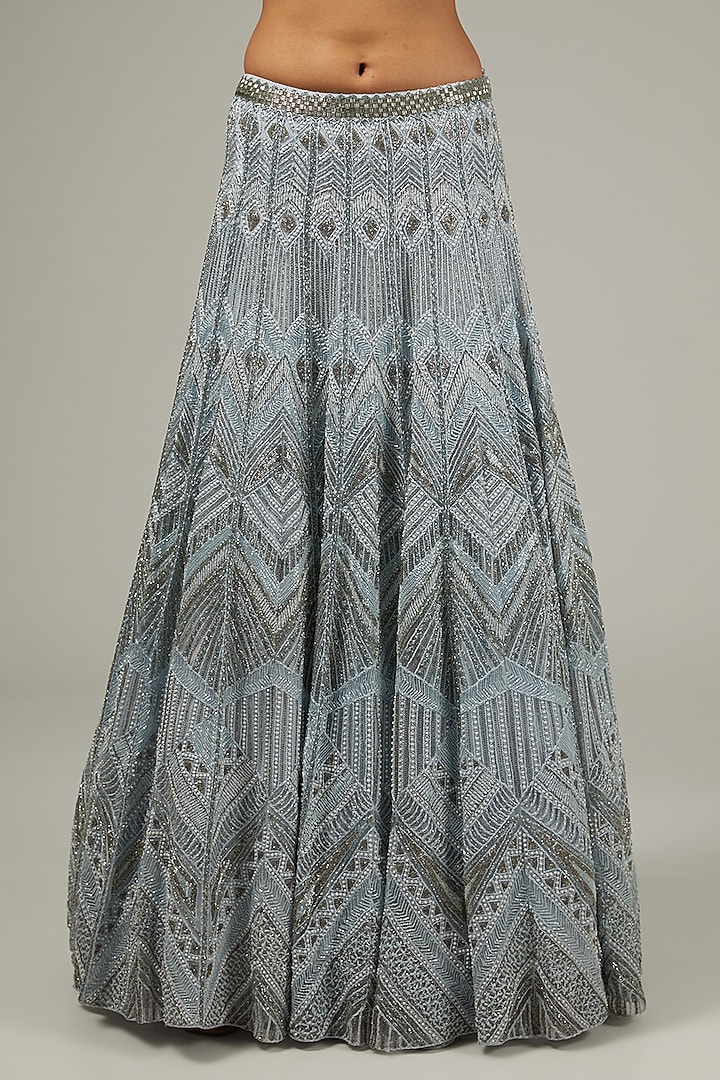 Ice Blue Crepe & Double Georgette Geometric Embroidered Bridal Lehenga Set by Ritika Mirchandani at Pernia's Pop Up Shop
