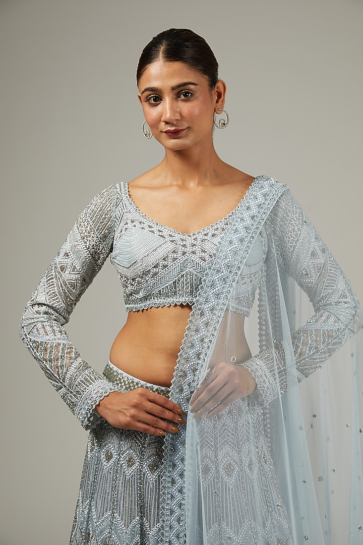 Ice Blue Crepe & Double Georgette Geometric Embroidered Bridal Lehenga Set by Ritika Mirchandani at Pernia's Pop Up Shop