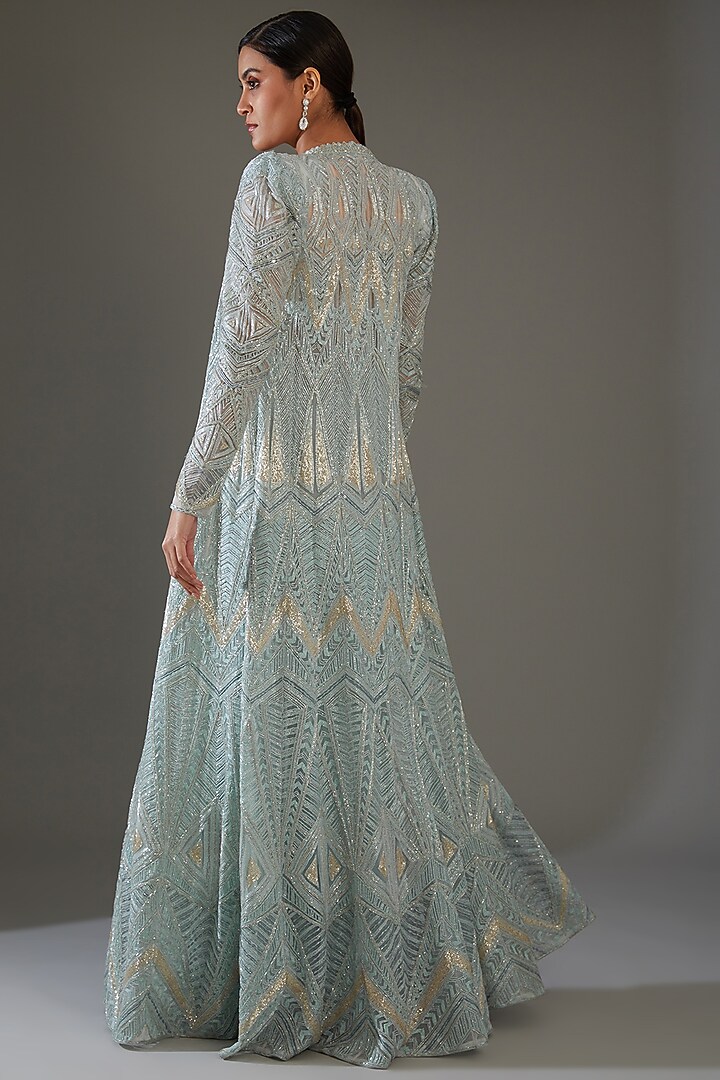 Powder Blue Net & Crepe Embroidered Jacket Set by Ritika Mirchandani at Pernia's Pop Up Shop