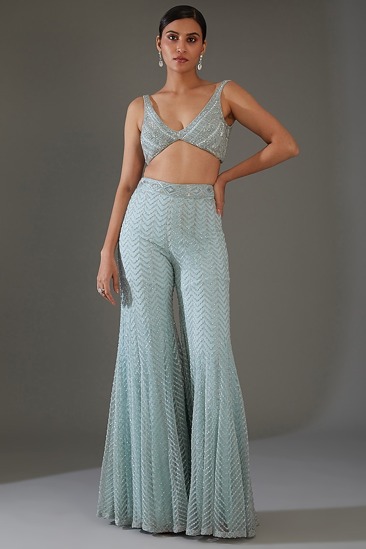 Powder Blue Net & Crepe Embroidered Jacket Set by Ritika Mirchandani at Pernia's Pop Up Shop