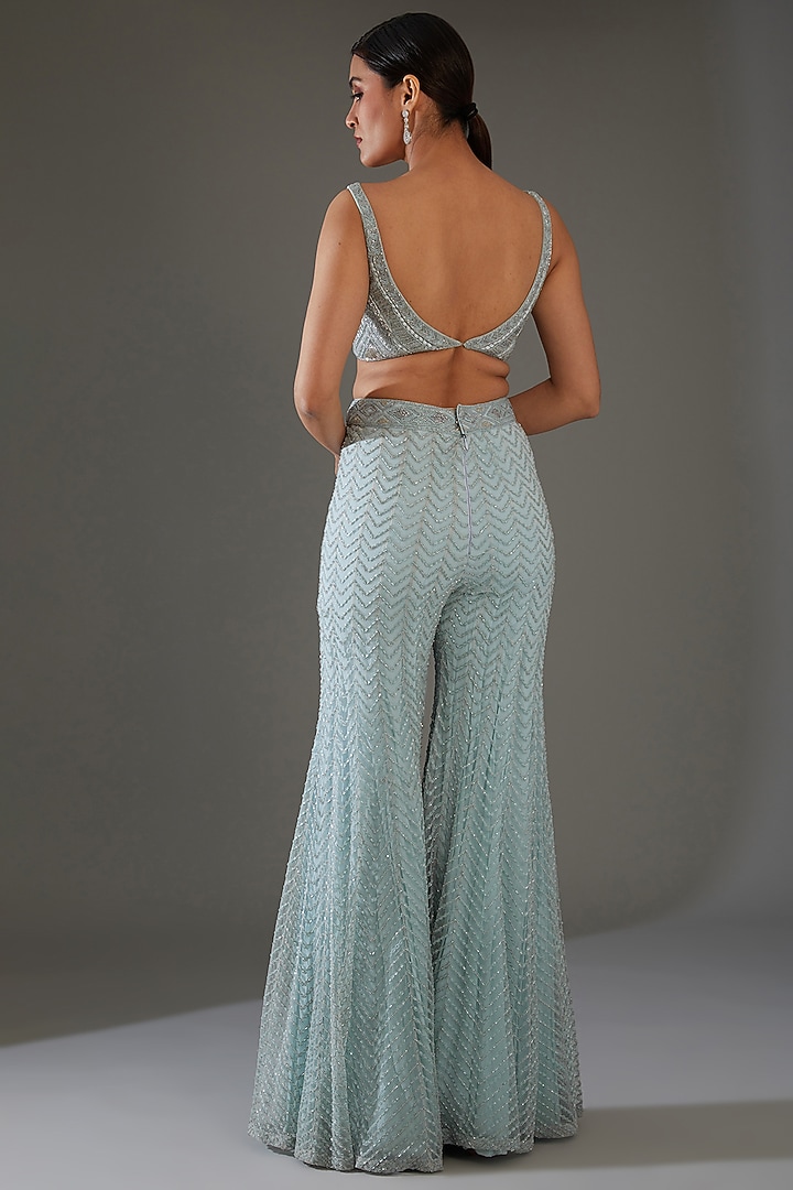 Powder Blue Net & Crepe Embroidered Jacket Set by Ritika Mirchandani at Pernia's Pop Up Shop