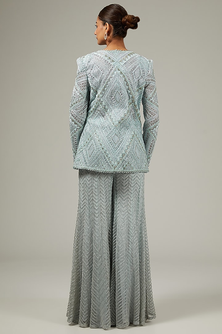Ice Blue Crepe & Double Georgette Embroidered Bridal Sharara Set by Ritika Mirchandani at Pernia's Pop Up Shop