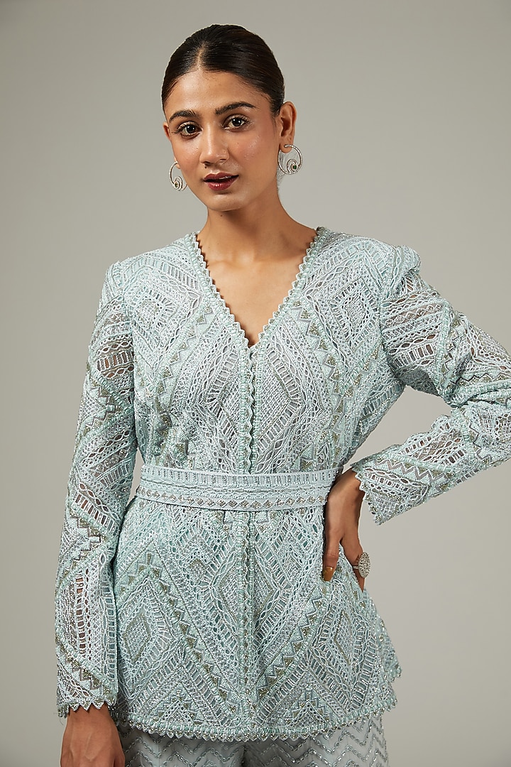 Ice Blue Crepe & Double Georgette Embroidered Bridal Sharara Set by Ritika Mirchandani at Pernia's Pop Up Shop