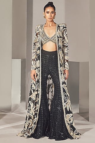 Black Double Georgette Crystal & Thread Embroidered Flared Sharara Set by Ritika Mirchandani