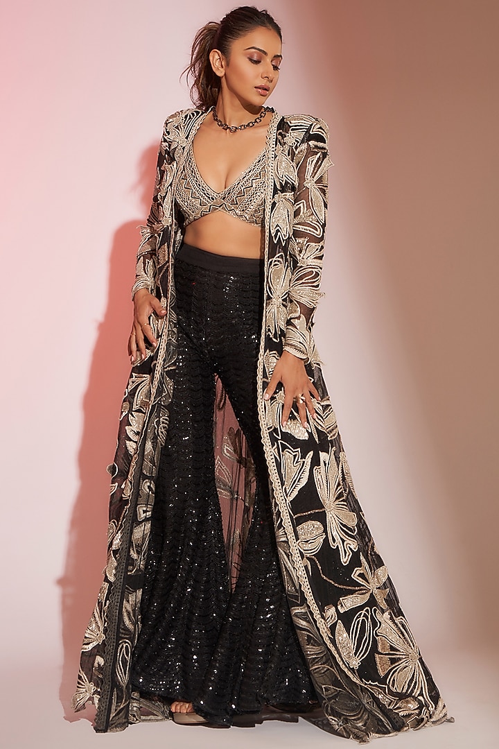 Black Double Georgette Crystal & Thread Embroidered Flared Bridal Sharara Set by Ritika Mirchandani at Pernia's Pop Up Shop