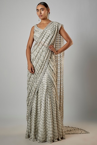 Silver Grey Net & Georgette Lehenga Saree Set by Ritika Mirchandani