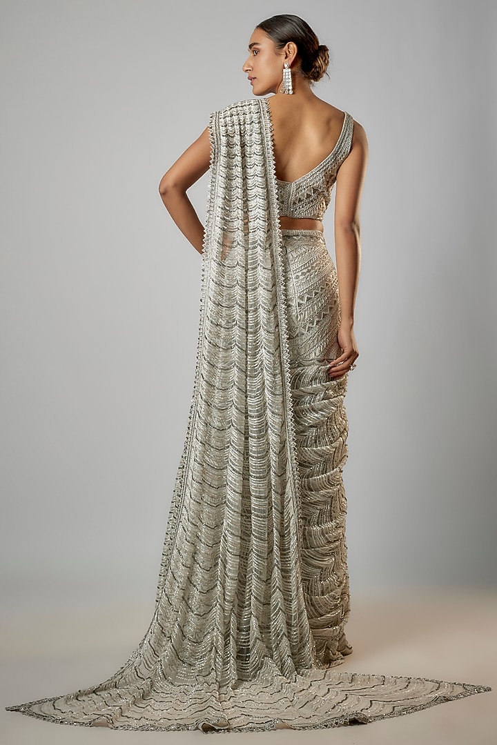 Silver Grey Net & Georgette Bridal Lehenga Saree Set by Ritika Mirchandani at Pernia's Pop Up Shop