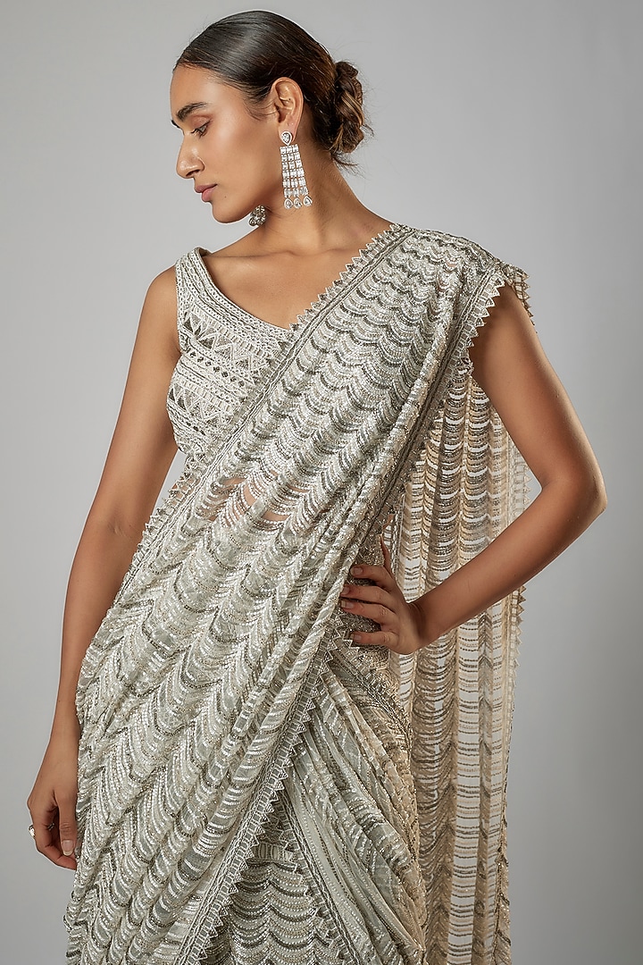 Silver Grey Net & Georgette Bridal Lehenga Saree Set by Ritika Mirchandani at Pernia's Pop Up Shop