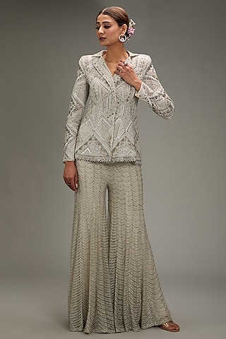 Silver-Grey Double Georgette & Crepe Sharara Set by Ritika Mirchandani