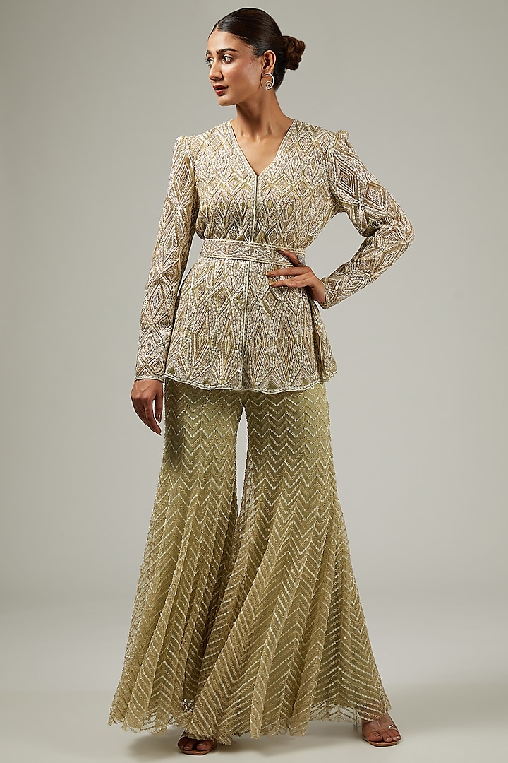 Olive & Gold Crepe & Double Georgette Embroidered Sharara Set by Ritika Mirchandani