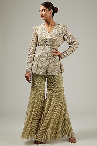 Olive & Gold Crepe & Double Georgette Embroidered Sharara Set by Ritika Mirchandani