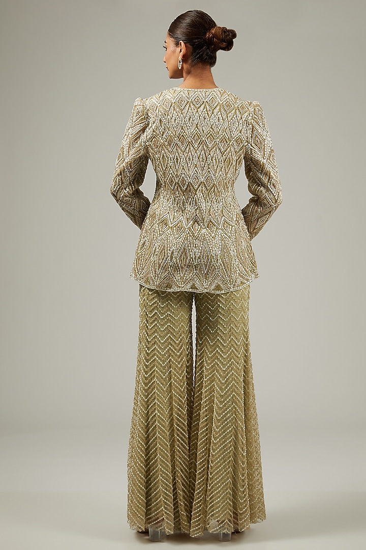 Olive & Gold Crepe & Double Georgette Embroidered Bridal Sharara Set by Ritika Mirchandani at Pernia's Pop Up Shop