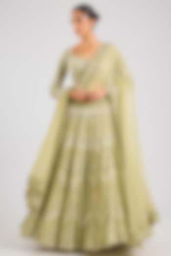 Olive Green Double Georgette Thread Embroidered Bridal Lehenga Set by Ritika Mirchandani at Pernia's Pop Up Shop