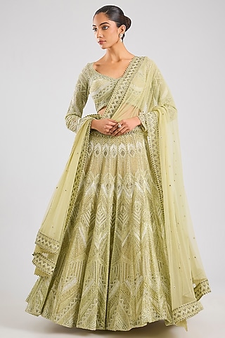 Olive Green Double Georgette Thread Embroidered Lehenga Set by Ritika Mirchandani