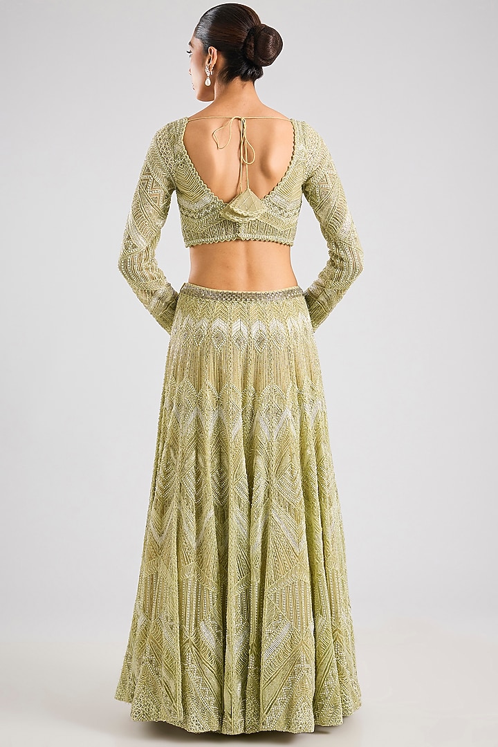 Olive Green Double Georgette Thread Embroidered Bridal Lehenga Set by Ritika Mirchandani at Pernia's Pop Up Shop