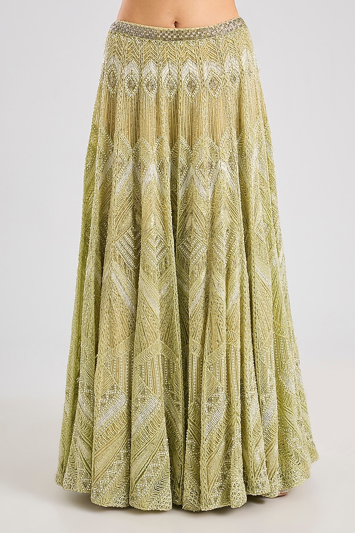 Olive Green Double Georgette Thread Embroidered Bridal Lehenga Set by Ritika Mirchandani at Pernia's Pop Up Shop