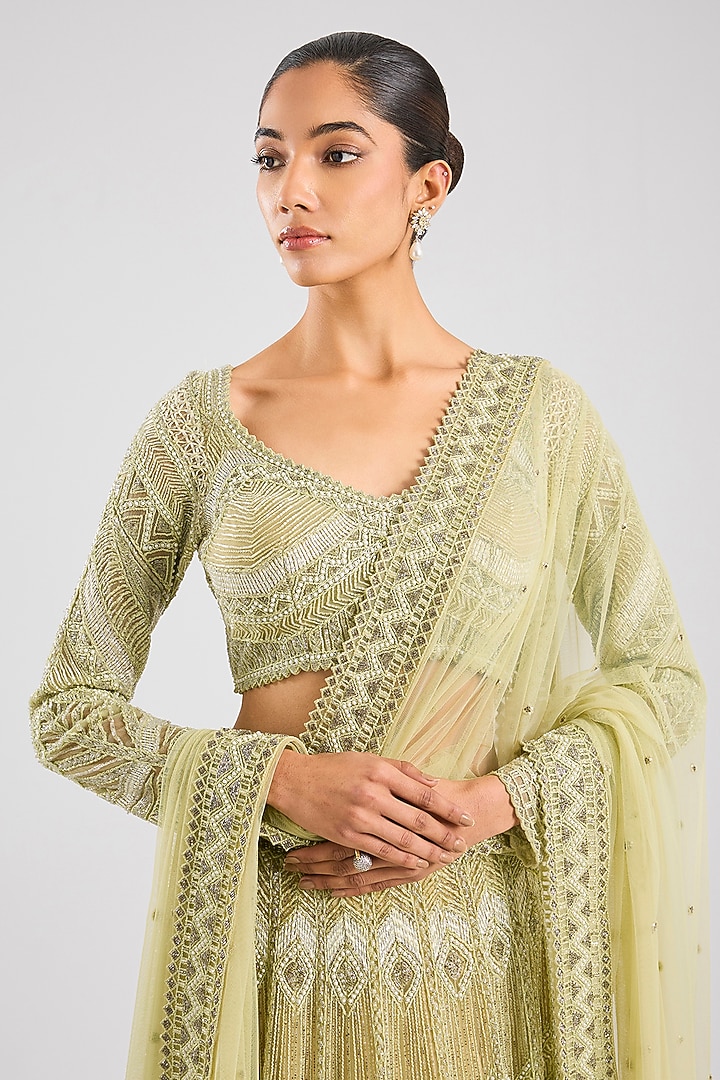 Olive Green Double Georgette Thread Embroidered Bridal Lehenga Set by Ritika Mirchandani at Pernia's Pop Up Shop
