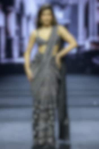 Black Double Georgette Ajrakh Embroidered Draped Bridal Saree Set by Ritika Mirchandani at Pernia's Pop Up Shop