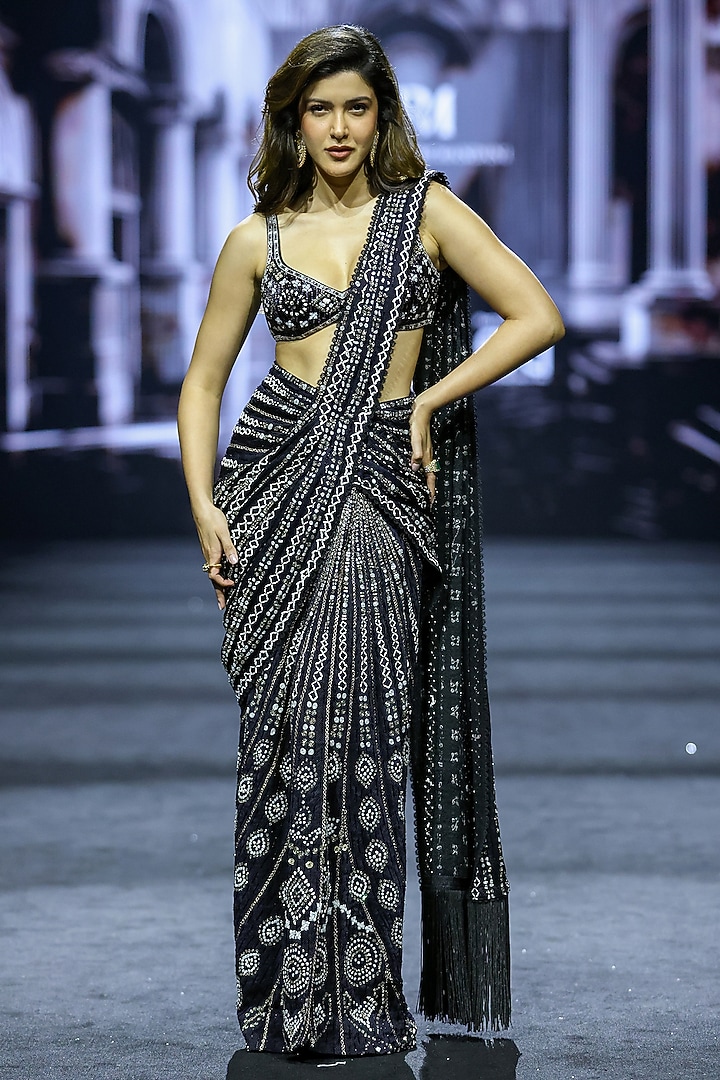 Black Double Georgette Ajrakh Embroidered Draped Bridal Saree Set by Ritika Mirchandani at Pernia's Pop Up Shop