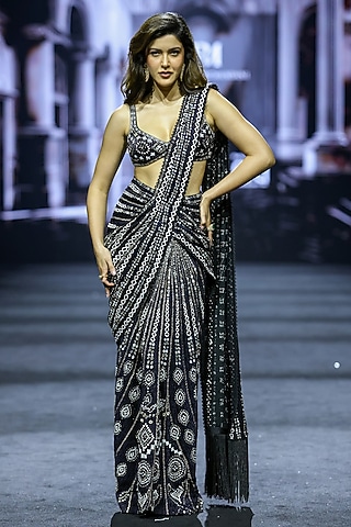 Black Double Georgette Ajrakh Embroidered Draped Saree Set by Ritika Mirchandani