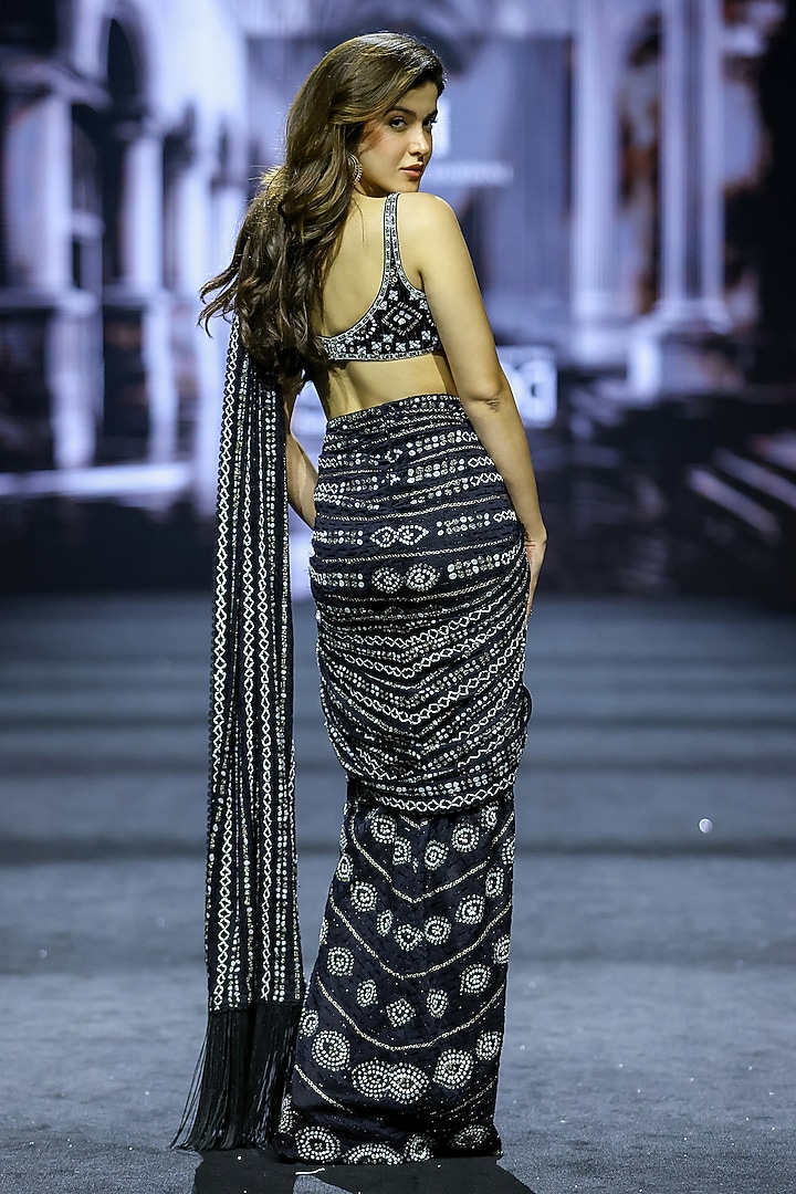 Black Double Georgette Ajrakh Embroidered Draped Bridal Saree Set by Ritika Mirchandani at Pernia's Pop Up Shop