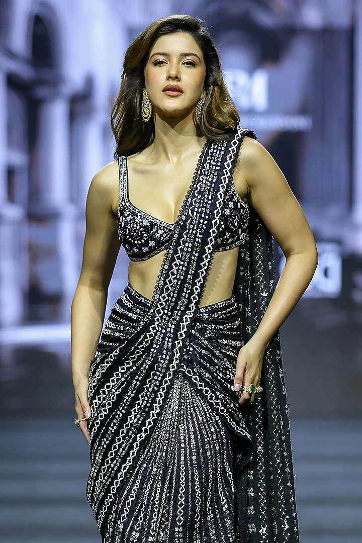 Black Double Georgette Ajrakh Embroidered Draped Bridal Saree Set by Ritika Mirchandani at Pernia's Pop Up Shop