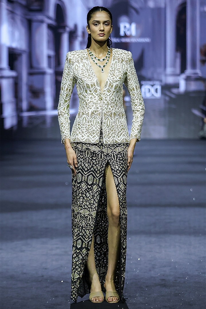 Ivory Net Thread Embroidered Jacket Set by Ritika Mirchandani at Pernia's Pop Up Shop