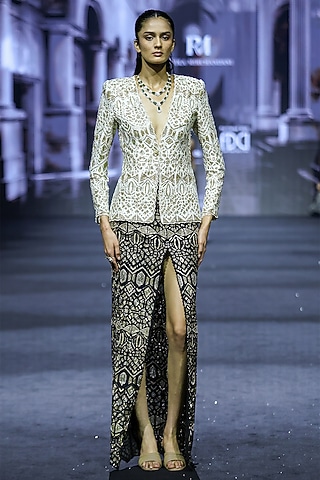 Ivory Net Thread Embroidered Jacket Set by Ritika Mirchandani